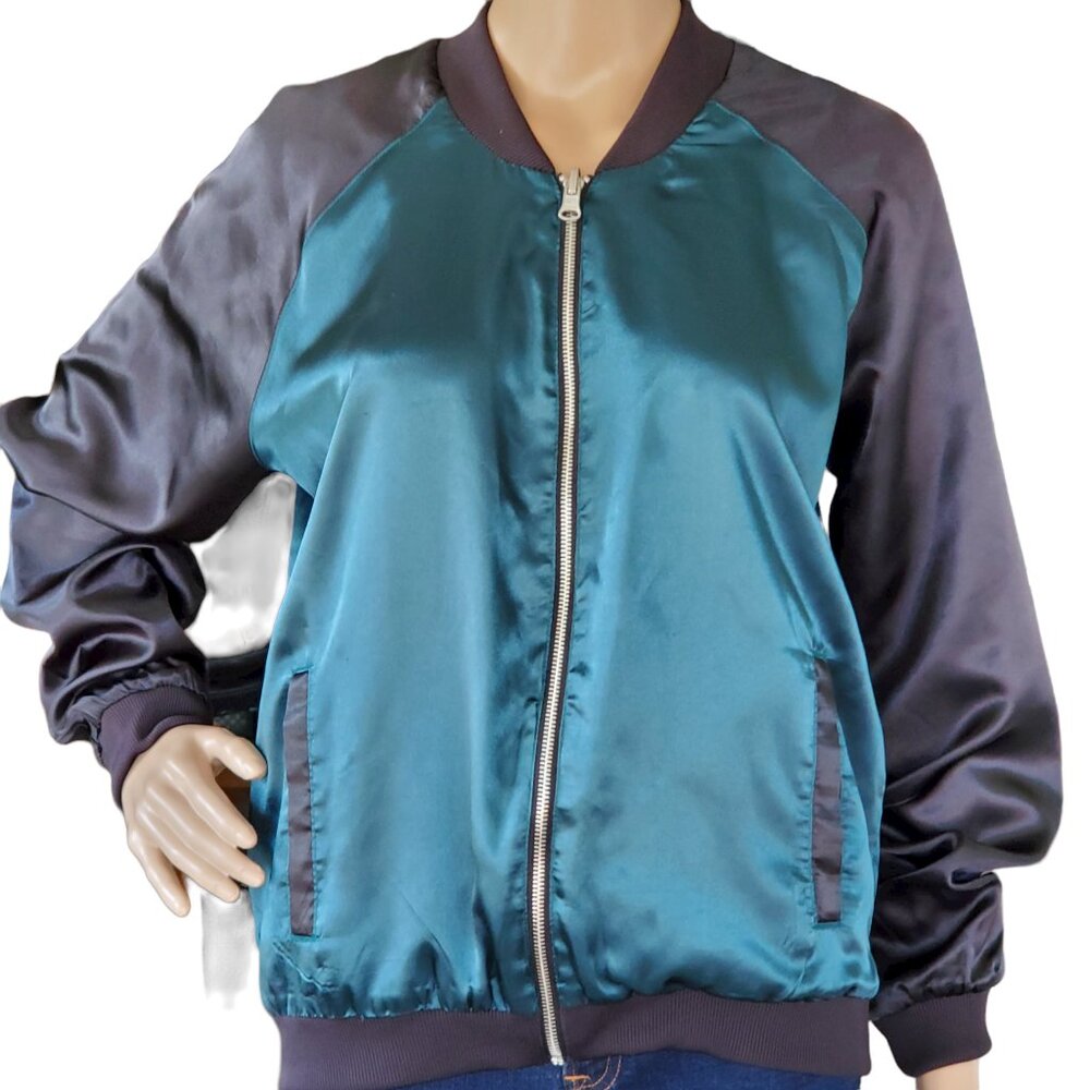 Satin Windbreaker Bomber Jacket Women's Medium Pockets Full Zip Knit Trim
